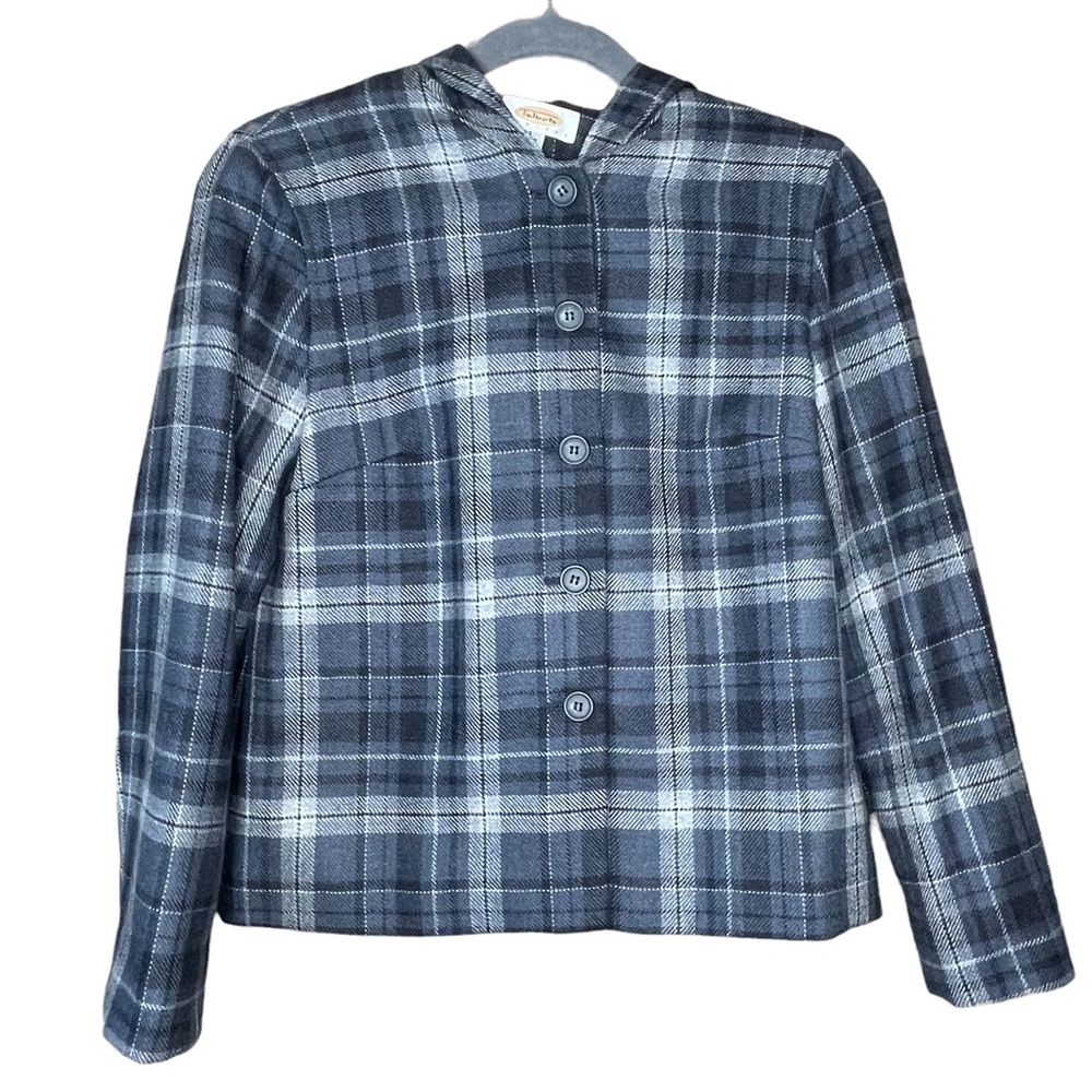 Talbots Vintage 100% Wool Blue Plaid Lined hooded Jacket Size 2P Made in USA